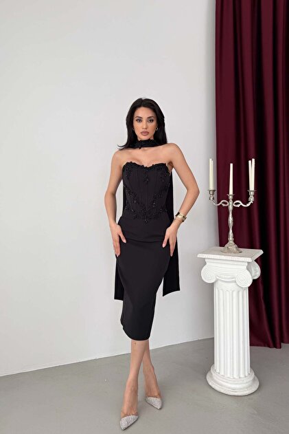Black Embroidered Midi Evening Dress with Scarf