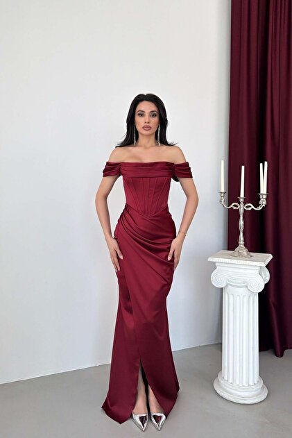 Serica Moda Burgundy Boat Neck Slit Long Satin Evening Dress- Trendyol