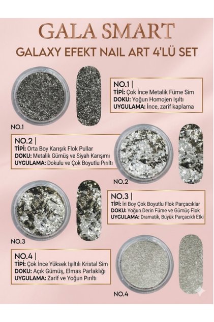 Galaxy Efekt Nail Art 4'lü Set Füme Gümüş Metalik Sim Flok Tırnak Süsleme