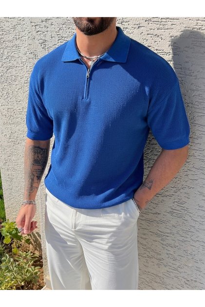 Polo Collar Oversize Zippered Knitwear T-Shirt Blue