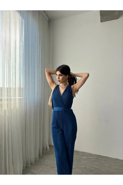 Women's Double Breasted Collar Wide Leg Belted Crinkle Jumpsuit Cobalt Blue