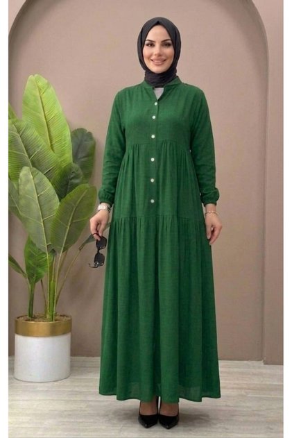 Half-Buttoned Hijab Dress – Comfortable Fit with Ruched Detail, Casual Long Dress