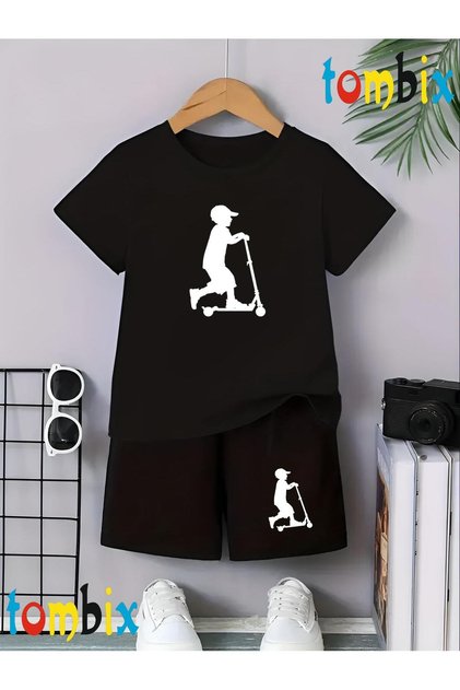 Scooter and Child Printed T-Shirt Shorts Summer Children's Set