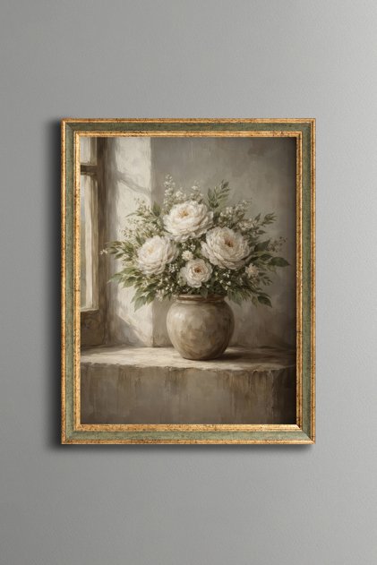 White Peony Bouquet – Vintage Patterned Frame – Slim Model