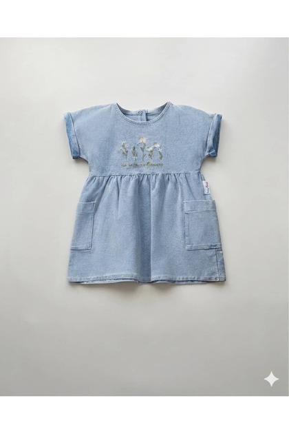 Daisy Embroidered Baby Girl Denim Dress - 100% Cotton