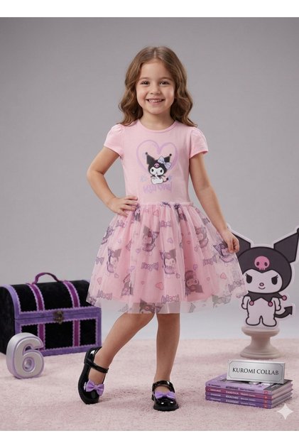 Pink Girls' Kuromi Heart Printed Short Sleeve Tulle Tutu Dress – Birthday / Special Occasion / Party 3-8 Years