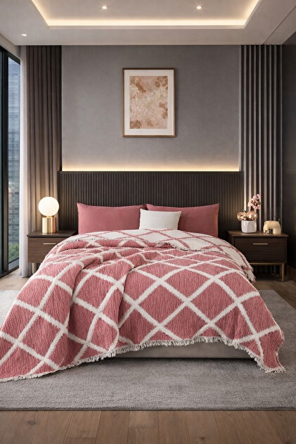 Baklava Jacquard Patterned 5-Layer Padded Muslin Blanket, Multi-Purpose Bedspread & Throw