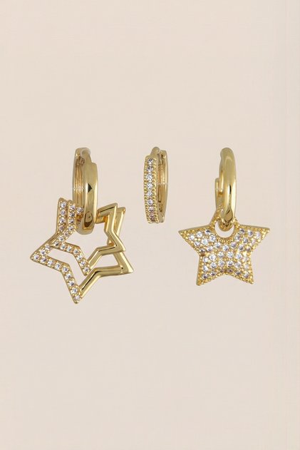 Gold Color Zircon Stone Double Star Detailed 3-Piece Hoop Earring Set