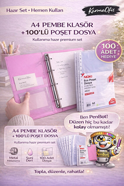KarmaOfis A4 Pembe 4 Halkalı Klasör + 100'lü Poşet Dosya Seti Suni