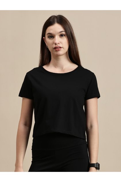 Black Solid Cotton Short Sleeves Crop Top