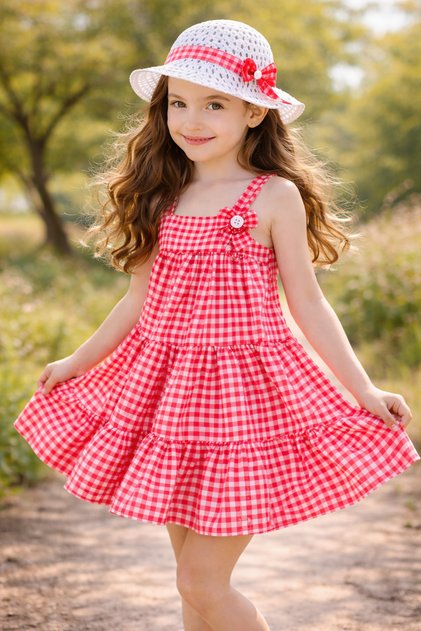 Girl's Plaid Hat and Cotton Summer Dress