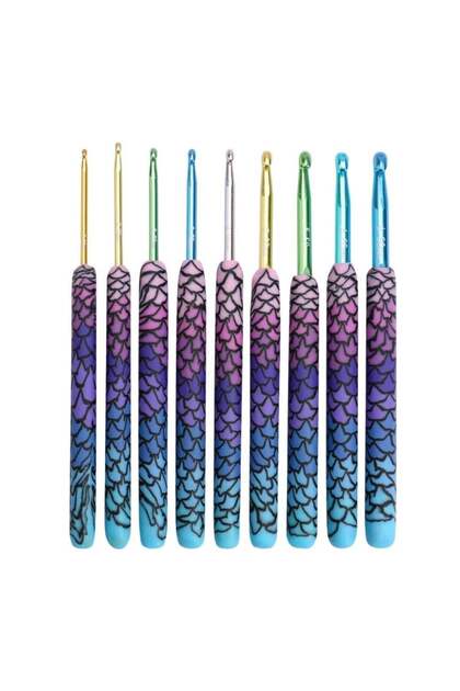 9 Parça Renkli Tığ Seti – Metal Uçlu, Mermaid Desenli Ergonomik Saplı Tığ Seti