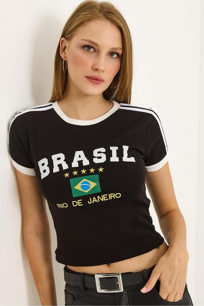 Crew Neck Stripe Detailed Women's Crop Tshirt Black