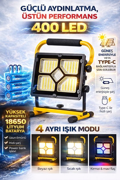 400 LED Şarjlı Projektör Işıldak Güneş Enerjili Taşınabilir Led Lamba 4 Modlu Powerbank Özellikli