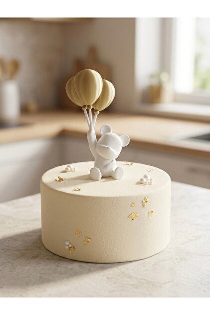 hediyesepetinde Krem renk Ayıcık Pasta Süsü -10cm-Mum Üfleyen