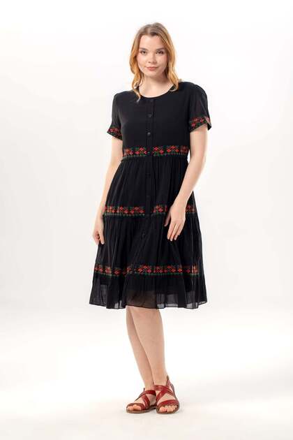Short Sleeve Crew Neck Embroidered Authentic Voile Short Dress Black Syh
