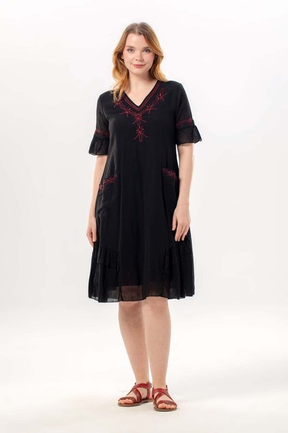 Short Sleeve Helin V-Neck Embroidered Side Pocket Summer Voile Short Dress Black Syh