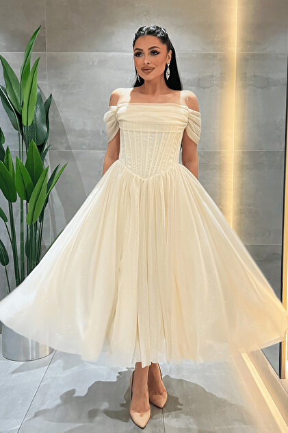 cream princess dress giyimmasal Glittery Tulle Fabric Princess Dress with Underwire Detail