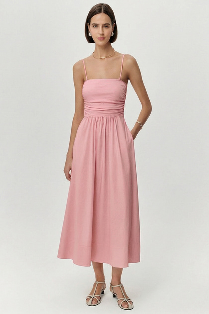 exquise pink dress Anthropologie Exquise Tobie Button-Front Pleated Midi Shirt Dress