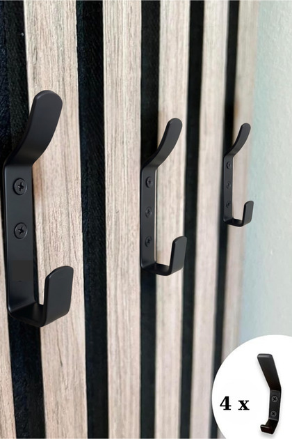 Akustik Panel Uyumlu Mat Siyah Metal Askılık - Çift Kancalı Duvar, Çıta ve Portmanto Askısı