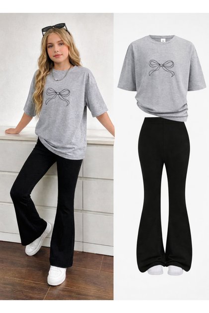 Summer girl's printed gray t-shirt with black bell-bottom pants set.
