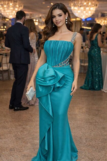 bellisse Elegant long dress with shiny appliqués – fuchsia / turquoise-  Trendyol