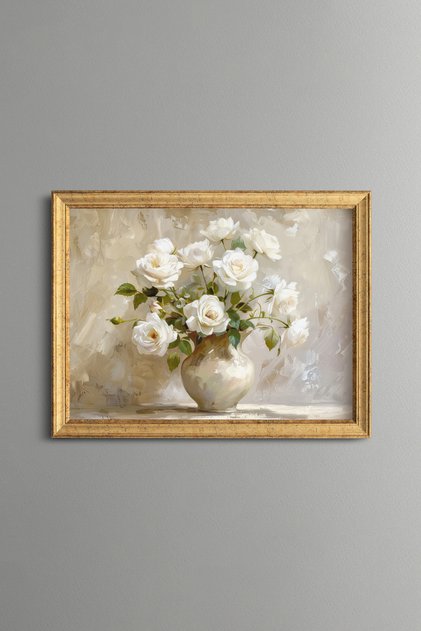 White Roses in a Vase - Vintage Patterned Frame - Slim Model
