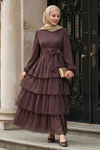 InStyle Polka Dot Layered Ruffle Brown Belted Chiffon Dress- Trendyol