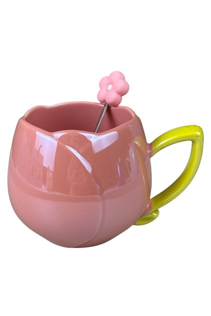 Set 2 Căni Ceramice cu Floare Roz, 360 ml, Mâner Galben