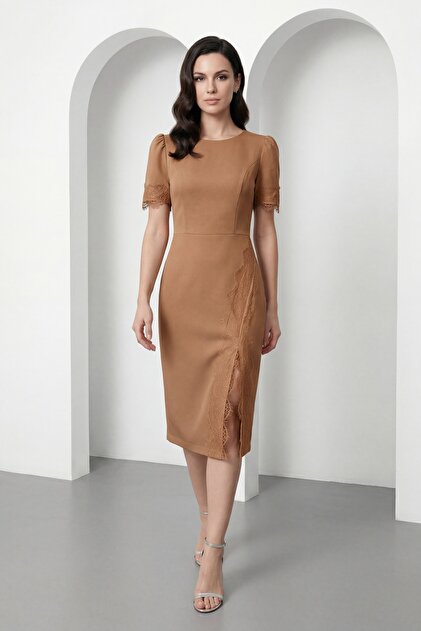 Lafaba Women's Mink Lace Detailed Midi Event Dress- Trendyol
