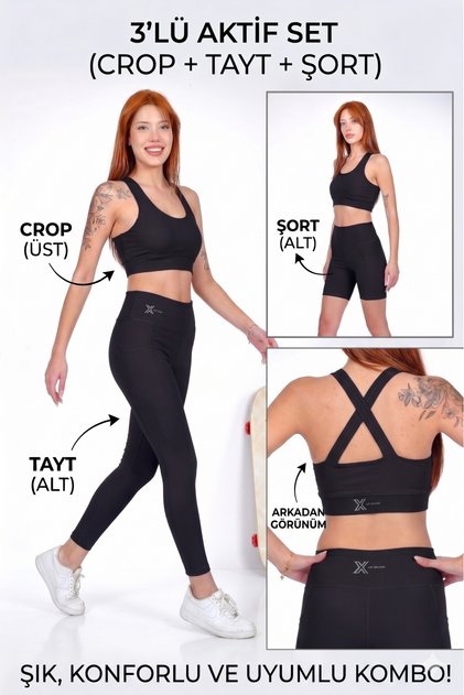 Set of 3 Sports-Gym-Fitness-Yoga-Plates Tights / Shorts / Crop Set