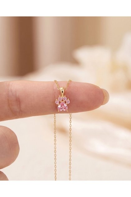 Pembe Taşlı Kedi Patisi 14 Ayar Altın Kolye