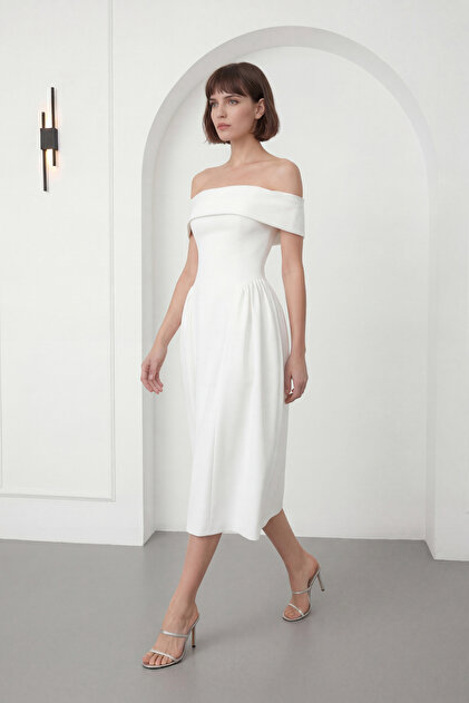knee length dresses for ladies Button Front Boat Neck Midi Dress main image 1