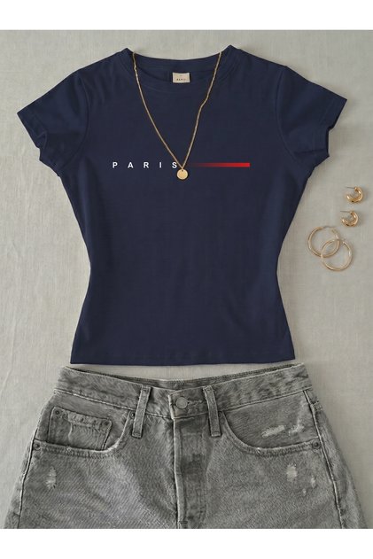 Women's Paris Printed - Lycra Short Sleeve Body Tee Crop