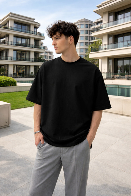 Unisex %100 Pamuk Ağır Gramajlı Ribana Yakalı Tok Kumaş Oversize Basic Tişört