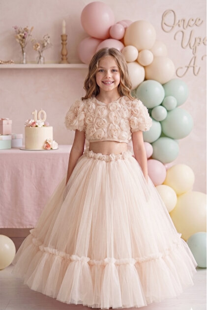 ALYRA Girl's Rose Tulle Princess Dress with Back Detail and Bow, Birthday Party Graduation Dress, Ages 6-10- Trendyol ALYRA Girl's Rose Tulle Princess Dress with Back Detail and Bow, Birthday Party Graduation Dress, Ages 6-10- Trendyol