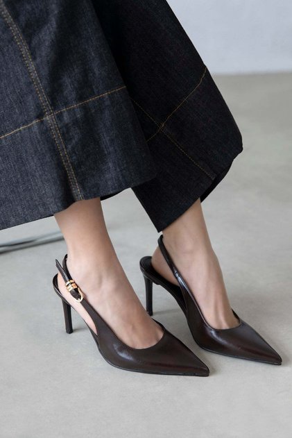 Flora Women's Heeled Wrinkled Leather Shoes Brown