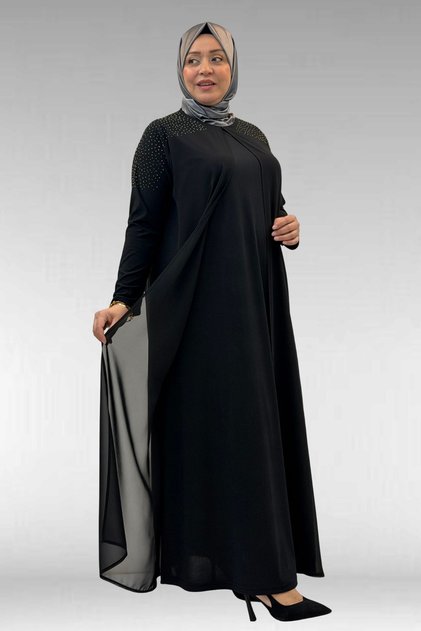 42003 Plus Size Sandy-Chiffon Dress with Stone Detail - Black