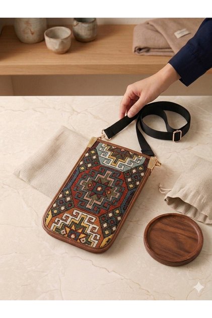 Ethnic Patterned Woven Phone Holder Shoulder Bag
