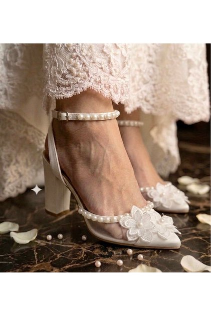 Elegant Mesh Detailed Evening Dress Shoes 8cm Thick Heel -Feli̇syabuti̇k