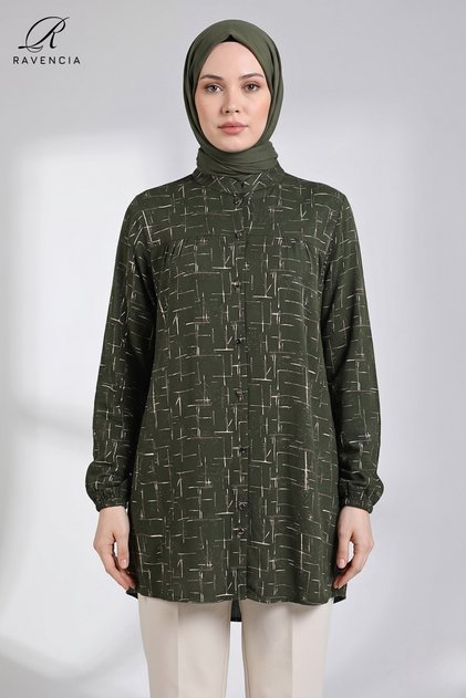 Women's Green Plus Size Stripe Patterned High Collar Hijab Tunic Shirt