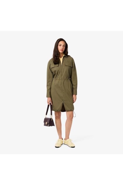 Kadın Oversize Fit Uzun Kollu Fermuarlı Haki Elbise