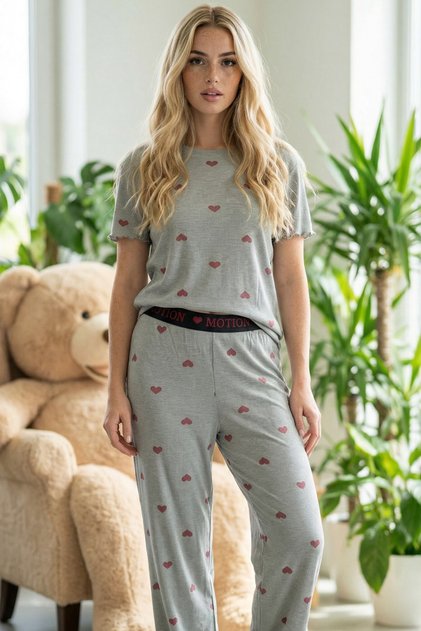 Dark Gray Heart Patterned Elastic Ribbed Camisole Knitted Pajama Set26120601