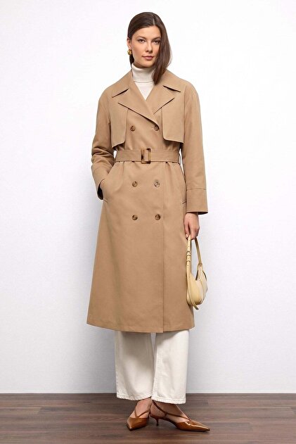 Olcay Cape Detailed Soft Fabric Unlined Trench Coat Beige 6843