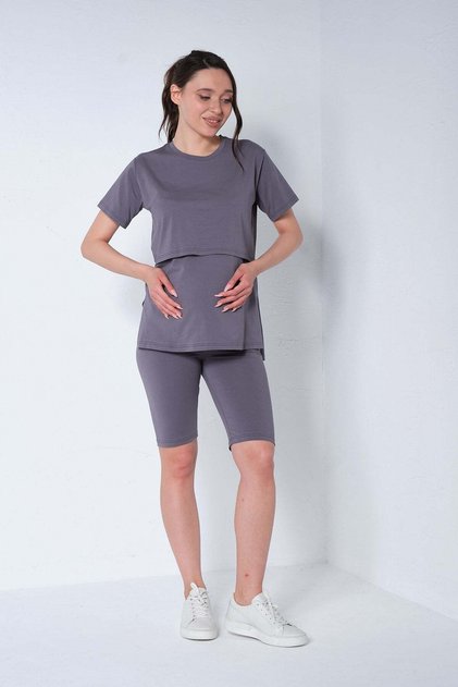 Maternity Breastfeeding Detailed Adjustable Waist Short Sleeve Leggings Set Gray