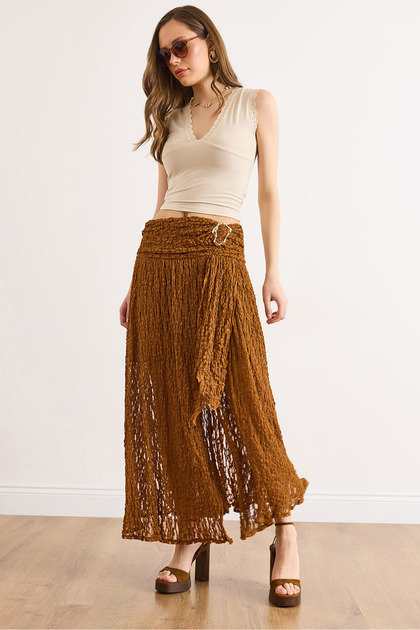 Women's Tan Waist Accessory Lined Slit Boho Skirt Etk-19000423