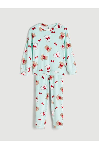 Set de pijamale din catifea pentru fete, cu guler rotund