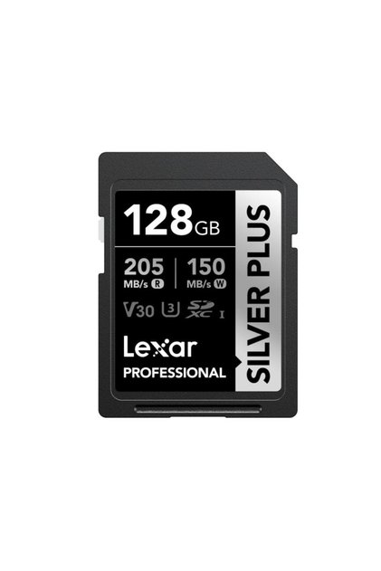 128GB Lexar® Professional SILVER PLUS SDXC™ UHS-I cards, up to 205MB/s read 150MB/s write