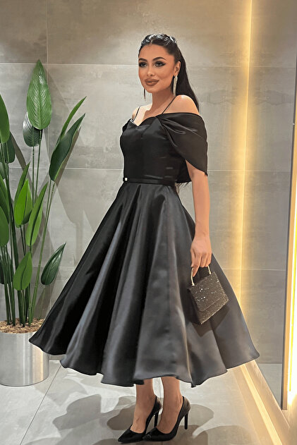 giyimmasalı Organza Fabric Off-Shoulder Midi Dress - Black- Trendyol