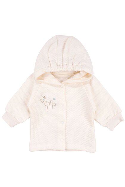 Baby Girl Ecru Quilted Pack Hooded Cardigan with Snap Fasteners and Embroidery